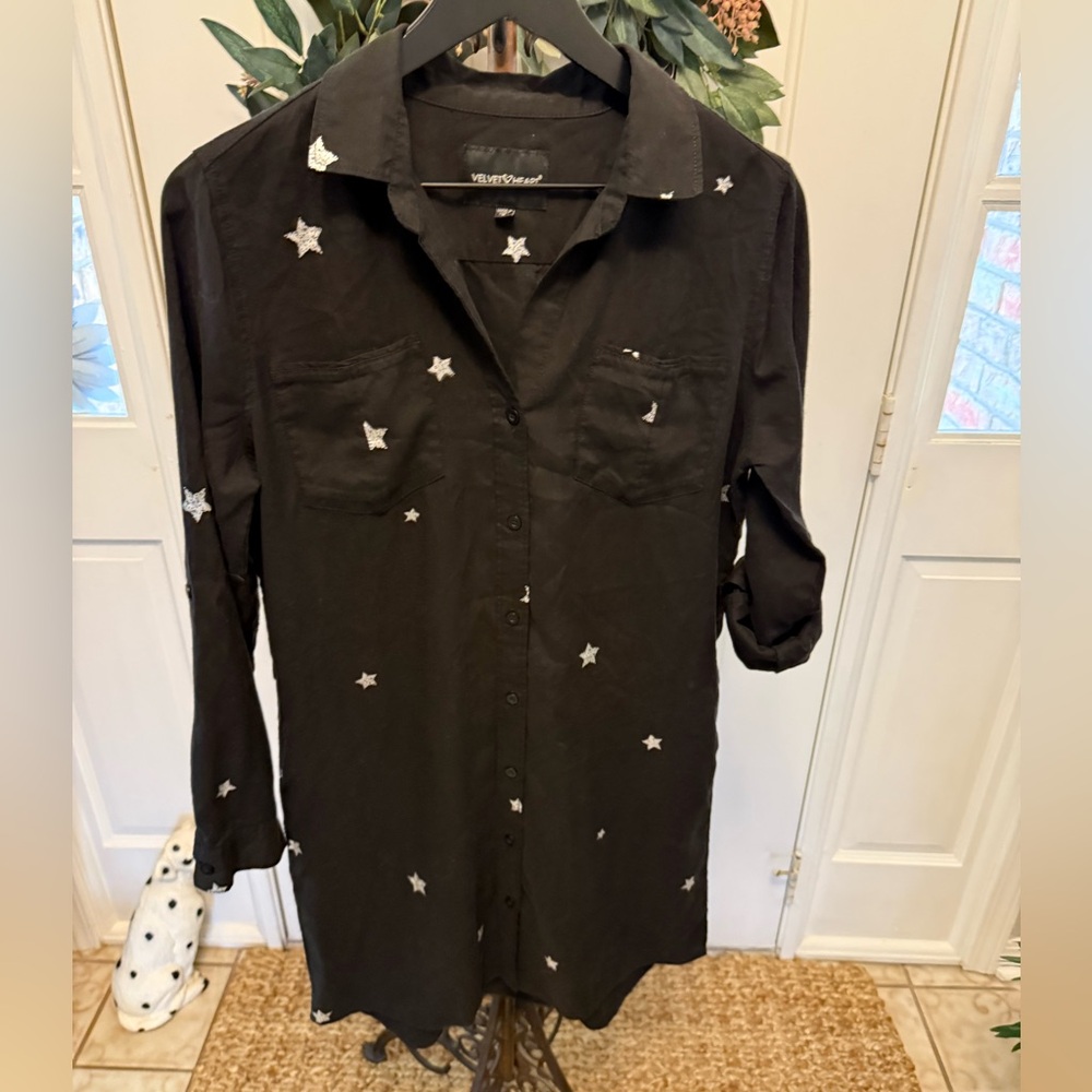 Velvet Heart Black & Silver Star Button Down Front Shirt Dress LS Lightweight S